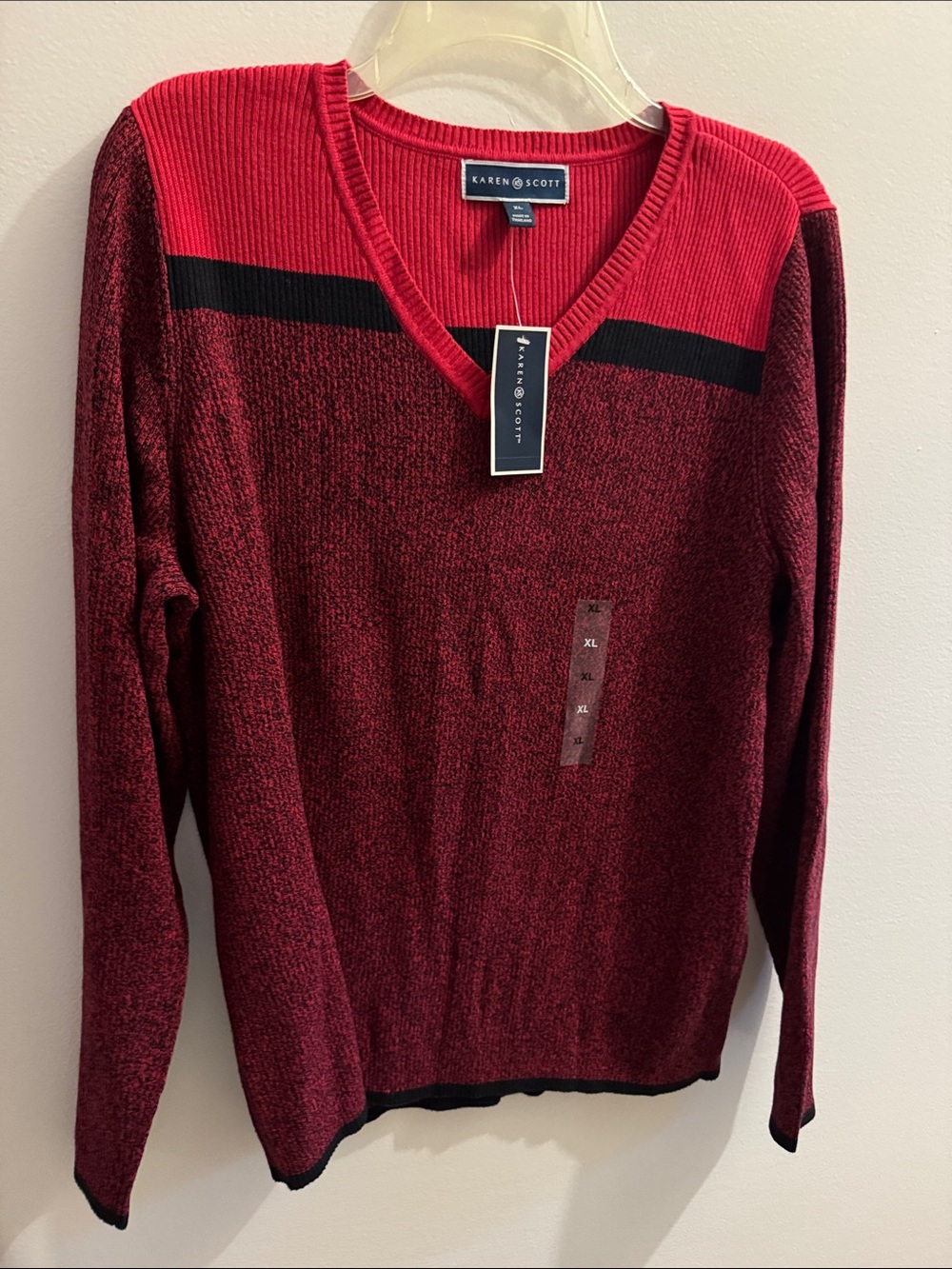 Karen Scott Men's Burgundy V-Neck Sweater with Black Trim